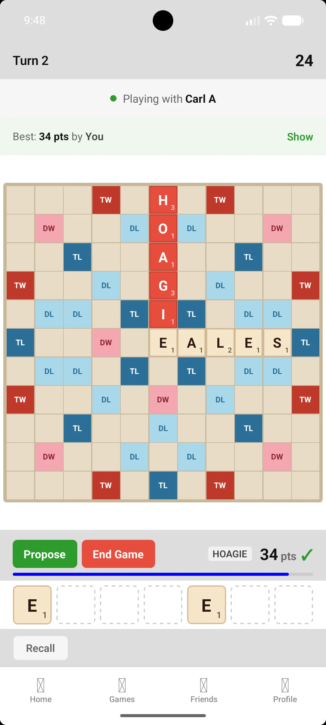 Tile Together on Android — playing with Carl A, proposing HOAGIE for 34 points